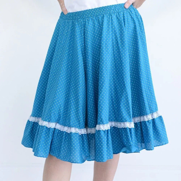 Vintage Malco Modes "Partners Please!" Blue Polka Dot Flowy Midi Skirt M - Picture 1 of 12